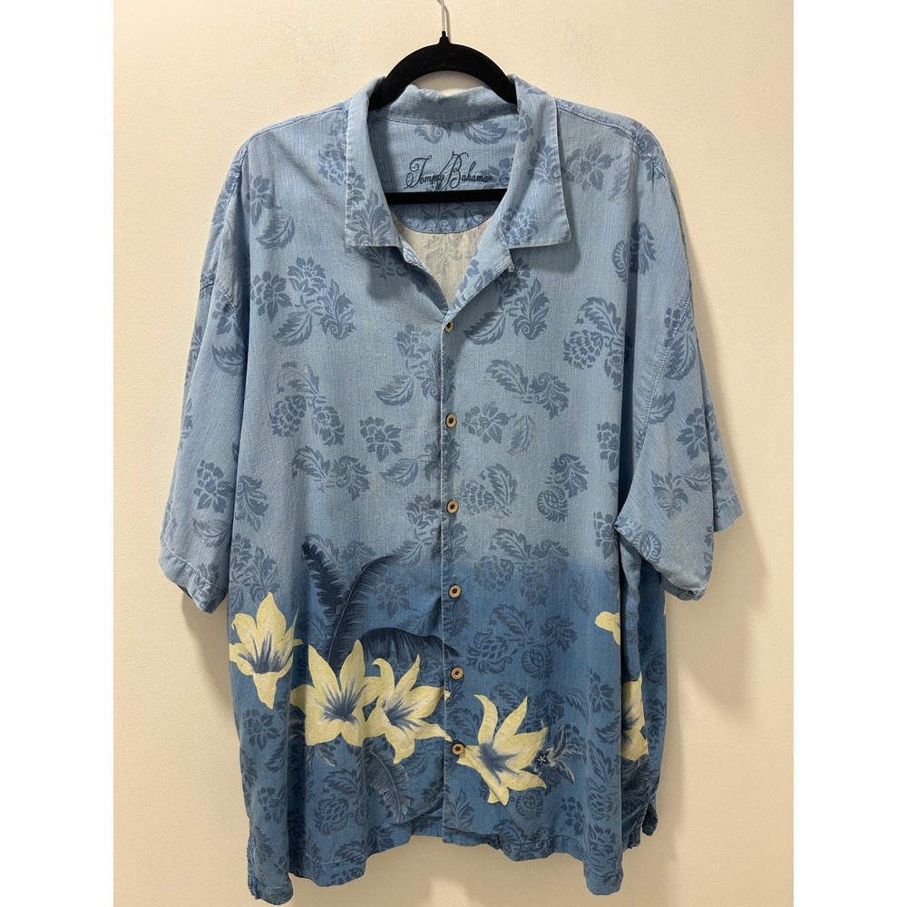 Tommy Bahama Mens XXL Blue 100% Silk Floral Lily Palm Camp Aloha Shirt SS